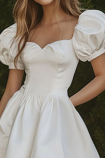 Cute White A Line Mini Dress with Puff Sleeves